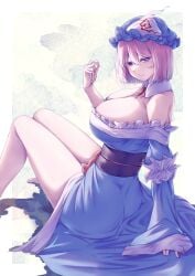 ass ass big_breasts breasts looking_at_viewer milf mirufui sitting thick_thighs thighs touhou yuyuko_saigyouji