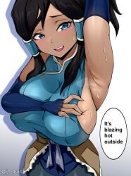 absurdres arm_up armpits avatar_legends avatar_the_last_airbender black_hair blue_eyes breasts dark-skinned_female dark_skin english_text female hair_tubes highres huge_breasts jrpuls3 jrpulse korra long_hair looking_at_viewer ponytail presenting_armpit solo speech_bubble the_legend_of_korra