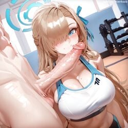 1boy 1boy1girl 1girl ai_generated asuna_(blue_archive) bare_shoulders blue_archive blue_eyes blue_ribbon blush cleaning_&_clearing_(blue_archive) cleavage closed_mouth clothed_female collarbone dumbbell dutch_angle erection female gym hair_over_one_eye hair_ribbon halo indoors large_breasts large_penis light-skinned_female light-skinned_male light_brown_hair light_skin long_hair looking_at_viewer midriff millennium_science_school_student mole_on_breast navel nude_male one_eye_covered penis_on_face smile solo_focus sports_bra sportswear straight sweat testicles tongue uncensored veiny_penis watermark white_sports_bra