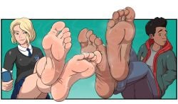 1boy1girl 2021 alternate_version_available barefoot black_hair blonde_hair blush feet foot_fetish foot_focus gay gwen_stacy_(spider-verse) looking_at_each_other male_feet male_foot_fetish marvel marvel_comics miles_morales smelly_feet spider-man:_into_the_spider-verse spider-man_(series) spiderverse steamy_feet stink_lines stinky sweat sweaty sweaty_feet thejestermime