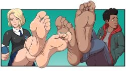 1boy1girl 2021 alternate_version_available barefoot black_hair blonde_hair feet foot_fetish foot_focus gay gwen_stacy_(spider-verse) looking_at_phone looking_away male_feet male_foot_fetish marvel marvel_comics miles_morales spider-man:_into_the_spider-verse spider-man_(series) spiderverse thejestermime