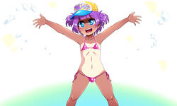 bikini blue_eyes cap free_style male_only penis purple_hair side-tie_bikini solo_male swimsuit tan tanline trap