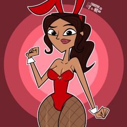 1girls black_eyes breasts brown_hair bunny_ears carazar_zone dark-skinned_female disventure_camp female female_focus female_only female_solo long_hair looking_at_viewer odd_nation_cartoons pantyhose playboy_bunny red_background riya_(disventure_camp) thighs wide_hips