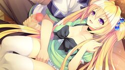 blonde_hair blush breasts censored choker cleavage female game_cg koi_saku_miyako_ni_ai_no_yakusoku_wo_~annaffiare~ long_hair natsume_eri panties penis purple_eyes thighhighs tied_hair tsuji_kokoro twintails underwear white_legwear