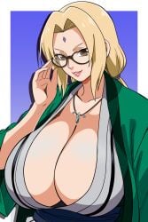 1girls adjusting_glasses big_breasts blonde_hair breast_focus breasts brown_eyes cleavage clothing female female_only forehead_jewel hair huge_breasts large_breasts lips mature mature_female mature_woman milf naruto naruto_(series) necklace neckwear robe saraphon_(artist) smile solo solo_female tsunade upper_body