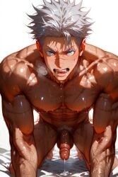 1boy abs ai_generated all_fours bara blue_eyes completely_nude cum erection goldenfieldszho jujutsu_kaisen large_pectorals looking_at_viewer male_focus male_pubic_hair muscular muscular_male navel nipples nude on_bed open_mouth pectorals penis pubic_hair saliva satoru_gojo scar scar_on_arm scar_on_chest scar_on_face short_hair solo sweat testicles thighs uncensored white_background white_hair