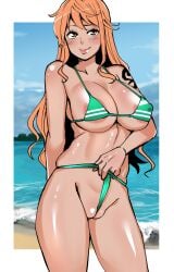 1girls between_labia bikini bikini_bottom_pull blush female female_only green_bikini light-skinned_female light_skin long_hair nami nami_(one_piece) nipple_bulge one_piece orange_eyes orange_hair post-timeskip shaved_pussy shiraue_yuu solo solo_female tattoo tattoo_on_shoulder