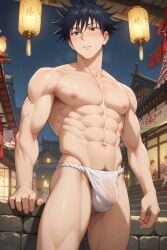 1boy abs ai_generated another_megumi bangs bara black_hair blush bulge festival fundoshi fushiguro_megumi japanese_clothes jujutsu_kaisen lantern large_pectorals looking_at_viewer male_focus male_only male_pubic_hair male_underwear muscular muscular_male navel night night_sky nipples outdoors pectorals pubic_hair short_hair sky solo solo_focus spiked_hair sweat thick_thighs thighs topless_male underwear underwear_only wet wet_clothes white_male_underwear