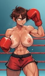 1girls abs ai_generated angry angry_face boxing_gloves boxing_ring boxing_trunks brown_hair huge_breasts kosine1777 kosineverse muscular_female original original_character reiko_(kosine1777) short_hair tan_body tomboy toned toned_abs toned_female topless topless_boxing trunks valbun_style