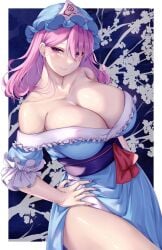 big_breasts breasts hand_on_hip huge_breasts milf mirufui smile smiling thick_thighs thighs touhou yuyuko_saigyouji