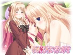 blonde_hair blue_eyes blush cg eroge female fuguriya game_cg matsubara_yuna multiple_girls oda_nanami red_eyes red_hair schoolgirl sono_hanabira_ni_kuchizuke_wo yuri