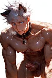 1boy abs ai_generated animal_collar animal_ears armpit_hair bangs bara black_collar blue_eyes chest_hair collar completely_nude cum erection fangs goldenfieldszho jujutsu_kaisen large_pectorals looking_at_viewer male_focus male_pubic_hair muscular muscular_male navel navel_hair nipples nude open_mouth pectorals penis precum pubic_hair satoru_gojo scar scar_on_arm scar_on_chest scar_on_face scar_on_leg short_hair solo sweat testicles thick_thighs thighs uncensored white_background white_hair