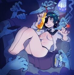 1girls 2d 2d_(artwork) alcohol annoyed areolae barefoot beer black_panties blue_eyes blue_hair breasts chainsaw_man cigarette dark_nipples disembodied_hand disembodied_hands drink drunk eyepatch fair-skinned_female fair_skin feet female female_only foot_fetish ghost ghost_devil_(chainsaw_man) ghost_hands himeno_(chainsaw_man) holding_object human human_female human_only indoors inside light-skinned_female light_skin nipples no_bra no_sex pale-skinned_female pale_skin panties partially_clothed powers realistic_breast_size realistic_proportions sitting solo solo_female speedosausage thighs toes