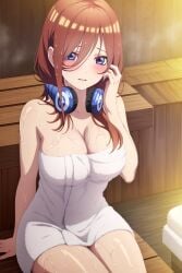 1girls ai_generated blue_eyes brightlights brown_hair cleavage go-toubun_no_hanayome nakano_miku naked_towel sauna thighs wet