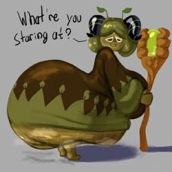 adawndraws big_ass big_breasts clothed cookie cookie_run cookie_run_kingdom food_creature food_humanoid green_eyes green_hair huge_ass huge_breasts matcha_cookie side_view solo solo_female squatting