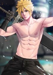 beefcake beefy black_pants blonde_hair buster_sword cloud_strife final_fantasy final_fantasy_vii glove male_only maorenc muscular muscular_male solo solo_male sword teal_eyes