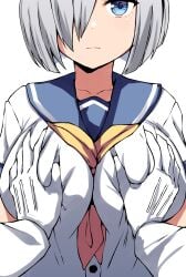 1girls 1other belko blue_eyes breast_grab breasts female female_focus gloved_hands gloves grabbing_another's_breast grabbing_breasts hamakaze_(kantai_collection) hi_res kantai_collection light-skinned_female light_skin sailor_collar sailor_uniform short_hair white_background white_gloves white_hair