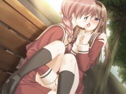 blue_eyes blush brown_hair cg cousins eroge female fuguriya game_cg incest kitajima_kaede kitajima_sara multiple_girls purple_eyes red_hair schoolgirl sono_hanabira_ni_kuchizuke_wo yuri