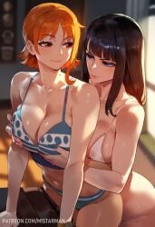 2girls ai_generated bare_arms bare_legs bare_shoulders bare_thighs big_breasts black_hair blue_eyes blush bra color female female_focus female_only hi_res large_breasts light-skinned_female light_skin long_hair mistarman nami nami_(one_piece) nico_robin one_piece orange_eyes orange_hair panties shounen_jump solo_female tagme thick_thighs underwear