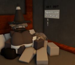 1boy 1girls 3d bedroom_sex beial_(goofy_lookin) clothed_female_nude_male cone_hat dummy_(roblox) female goofylookin grey_clothing grey_hair hand_under_breast handjob large_breasts large_penis male on_bed roblox scarf self_upload striped_clothing white_hair