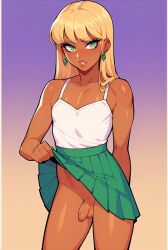 ai_generated blonde_hair c4n3c0 dark_skin femboy flaccid gyaru skirt skirt_lift small_penis