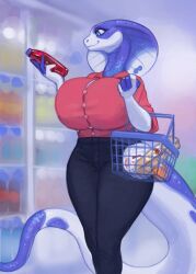 anthro big_breasts blue_eyes blue_skin clothed nisha_(bluedingo) shopping snake