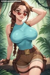 ai_generated aindroidparanoid ass big_ass big_breasts braid breasts brown_eyes brown_hair busty fat_ass female female_only glasses hips huge_breasts jungle lara_croft lara_croft_(classic) large_ass large_breasts legs nipples outdoors shorts stable_diffusion standing sunglasses tank_top thick_ass thick_thighs tomb_raider