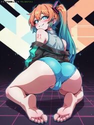 ai_generated ass ass_focus barefoot blue_eyes blue_hair blush feet foot_fetish foot_focus from_behind gigatsu hatsune_miku looking_back multicolored_hair orange_hair panties smile toes