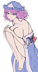 big_breasts breasts feet knees_up looking_at_viewer milf mirufui no_bra sketch thick_thighs thighs touhou unfinished yuyuko_saigyouji