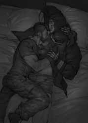 2024 2boys armpit_sniffing armpits balaclava bara bed black_and_white body_hair bulge closed_eyes clothed cuddling gay ghost_(modern_warfare_2) gloves hairy_forearms hairy_male hand_holding hand_on_head hand_under_clothes jacket john_mactavish laying_on_bed looking_at_partner male male/male male_only military modern_warfare muscular muscular_male netcrow98 no_visible_genitalia pantless pillow pillows simon_riley soap_(modern_warfare_2) steamy_breath t-shirt tank_top underwear