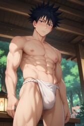 1boy abs ai_generated another_megumi ass_visible_through_thighs bangs bara black_hair blue_eyes blush bulge closed_mouth cowboy_shot day fundoshi fushiguro_megumi japanese_clothes jujutsu_kaisen lantern large_pectorals looking_at_viewer male_focus male_underwear muscular muscular_male navel nipples outdoors pectorals short_hair solo_focus spiked_hair sweat thick_thighs thighs topless_male underwear underwear_only white_male_underwear