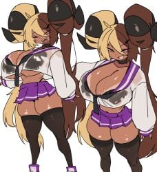 1girls aife_(zanamaoria) big_breasts big_horns blonde_hair bra_visible_through_clothes brown_hair choker curved_horns dark-skinned_female dark_skin female female_only flat_colors gyaru hair_on_horn hi_res horns long_hair looking_at_viewer miniskirt narrowed_eyes original original_character pink_eyes smiling smiling_at_viewer smirk solo stockings succubus tanline thick_thighs transparent_clothing two_tone_hair white_background zanamaoria