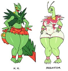 big_breasts breasts female huge_breasts meganium pokemon pokemon_(species) randidesu sceptile tagme thick_thighs wide_hips