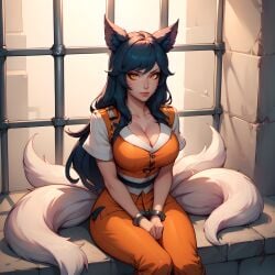 1:1 1girls ahri ai_generated animal_ear_fluff animal_ears barred_window black_hair breasts cleavage convict eogard_orc facial_markings feet_out_of_frame female female_only fox_ears fox_girl fox_tail handcuffed indoors kumiho large_breasts league_of_legends long_hair multiple_tails orange_eyes prison_cell prisoner riot_games short_sleeves sitting solo source_request whisker_markings white_fur window