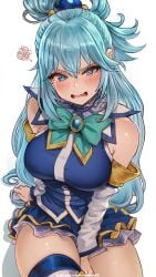 aqua_(konosuba) bare_shoulders big_breasts blue_eyes blue_hair blue_shirt blue_skirt blue_thighhighs blush bow bowtie breasts commentary detached_sleeves female frilled_skirt frills green_bow green_bowtie hair_between_eyes highres kono_subarashii_sekai_ni_shukufuku_wo! large_breasts long_hair looking_at_viewer magion02 miniskirt open_mouth shirt simple_background skirt solo thick_thighs thighhighs thighs white_background