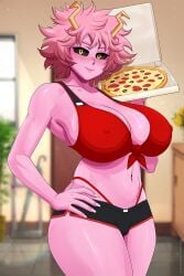 1girls ashido_mina big_breasts black_sclera black_shorts blush bra breasts cleavage clothing colored_sclera colored_skin female food hand_on_hip highleg holding horns huge_breasts indoors krabby_(artist) large_breasts looking_at_viewer midriff mina_ashido my_hero_academia navel nipples pantsu pink_body pink_hair pink_skin pizza pizza_box shiny short_hair short_shorts shorts smile solo standing thick_thighs thighs underwear wide_hips