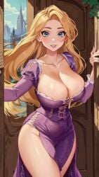 1girls ai_generated big_breasts big_eyes blonde_hair blue_eyes breasts busty disney disney_princess female_only fully_clothed hourglass_figure huge_breasts huge_eyes princess purple_dress rapunzel royalty tagme tangled thighs