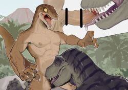 abs big_muscles claws countershade_torso dinosaur genital_danger_play grey_body grey_scales hi_res k0bit0wani male male/male muscular muscular_male power_bottom reptile scales size_difference tan_body teeth tongue_out tyrannosaurid tyrannosaurus tyrannosaurus_rex