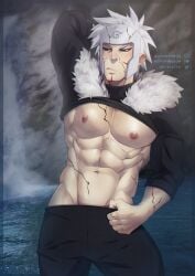 abs black_pants black_shirt blush blush edo_tensei fur headwear male_only naruto red_eyes red_markings scowl senju_tobirama solo_male soynutts white_hair