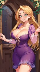 1girls ai_generated big_eyes blonde blonde_female blonde_hair blonde_hair_female breast_window curvy curvy_female curvy_figure disney disney_princess female_only green_eyes hourglass_figure princess rapunzel royalty solo_female solo_focus tagme tangled