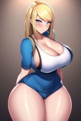 ai_generated blonde_hair blue_eyes blue_shorts bootylover02 curvaceous curvy curvy_figure long_hair looking_at_viewer metroid nai_diffusion nintendo samus_aran seductive_smile shiny_skin shiny_thighs short_shorts solo stable_diffusion tank_top thick_thighs thighs voluptuous white_tank_top