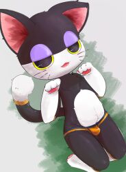 animal_crossing black_body black_fur briefs clothing domestic_cat felid feline felis fur hi_res humanoid male mammal markings nintendo punchy_(animal_crossing) sanusanu simple_background smile solo tail tail_markings underwear white_body white_fur yellow_eyes