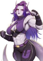 1girls abs adonis_belt breasts cleavage cleavage_cutout commission demon demon_girl fingerless_gloves gradient_hair grey_skin hi_res horns long_hair looking_at_viewer muscular muscular_female navel original original_character pointy_ears purple_eyes purple_hair signature simple_background solo speedl00ver tail white_background