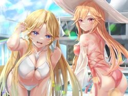 2girls absurdres ass azur_lane bikini blonde_hair blue_eyes breasts brest_(azur_lane) brest_(marine_muse)_(azur_lane) casual_one-piece_swimsuit cleavage cross-laced_clothes cross-laced_one-piece_swimsuit hair_between_eyes hat highres large_breasts long_hair looking_at_viewer multiple_girls one-piece_swimsuit open_mouth pink_one-piece_swimsuit pointy_ears red_eyes richelieu_(azur_lane) richelieu_(fleuron_of_the_waves)_(azur_lane) sun_hat swimsuit white_bikini white_headwear yam_(yam6056)