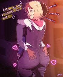 1boy 1girls animated animated_gif ass ass_grab asymmetrical_hair big_ass big_breasts blonde_hair breasts d-art dark-skinned_male english_text fat_ass female gwen_stacy huge_ass light-skinned_female male marvel marvel_comics miles_morales smile spider-gwen spider-man:_across_the_spider-verse spider-man:_into_the_spider-verse spider-man_(series) standing text