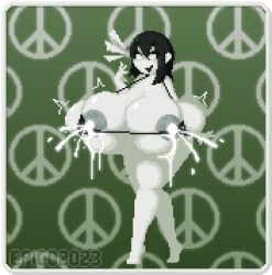 big_nipples bikini black_hair breast_expansion creepette_holloway epicpotatolord gigantic_breasts lactation milk pixel_art transparent_background white_eyes white_skin wide_hips