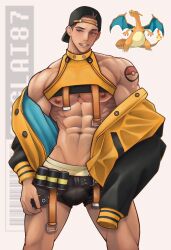 abs backwards_cap blue_eyes blush brown_hair bulge cap charizard clothed clothed_male duty_belt humanized humanized_pokemon jacket male male_nipples male_only muscular_arms muscular_male muscular_thighs neck_bra onglai87 pokemon pokemon_(species) shoulder_tattoo solo solo_male tattoo underpec underwear v-line