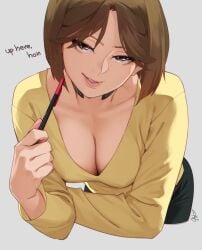 bangs breasts brown_eyes brown_hair caught_staring cleavage collarbone english_text feguimel holding_pen low_cut_top original_character pencil seductive_look short_hair smile teacher text v-cut yellow_shirt