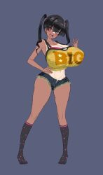 araruck bangs black_hair black_socks blue_background blush breasts cleavage crop_top cutoffs dark_skin denim denim_shorts female full_body grey_background hair_between_eyes hand_on_hip huge_breasts kneehighs long_hair looking_at_viewer micro_shorts midriff mole mole_on_breast mole_on_stomach mole_on_thigh navel oerba_yun_fang one-piece_tan open_mouth red_eyes short_shorts shorts shortstack simple_background skin_fang smile socks solo standing swimsuit_tan tan tanlines thighs twintails younger_female