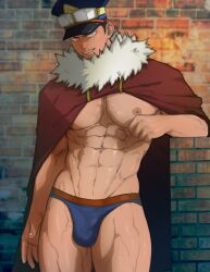 abs bara black_eyes boku_no_hero_academia buzz_cut cape hat hydaria inasa_yoarashi male_only my_hero_academia shiketsu_high_school_cap solo_male underwear